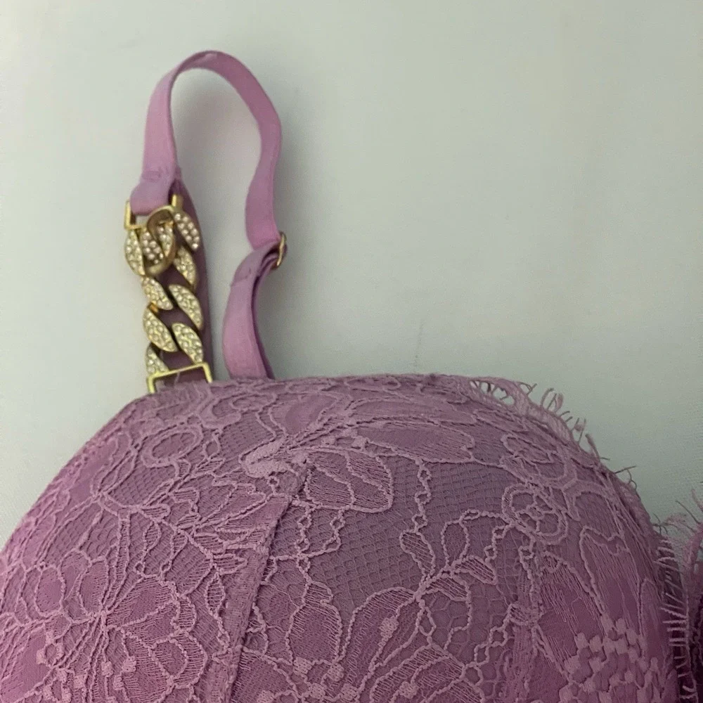 VICTORIA'S SECRET DREAM ANGEL DEMI BRA 34DD BLING  Gold Chain Pink LACE H-15‎